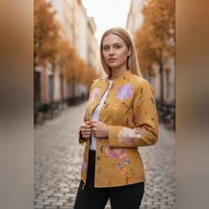 Indigo Moon Women Boho Floral Fall Art Jacket Embroidered Mustard Purple, XS NEW